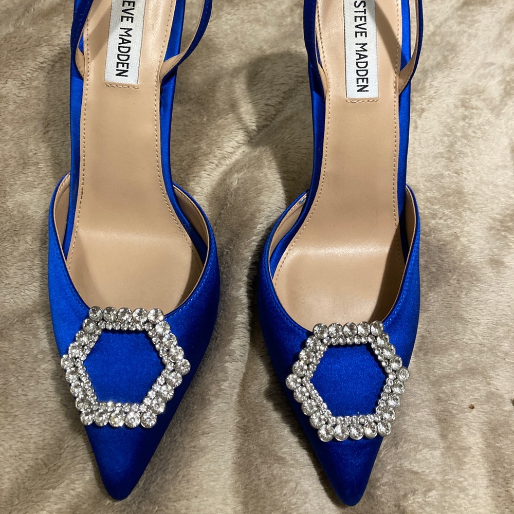 Royal blue gem embellished satin sling back pumps heels